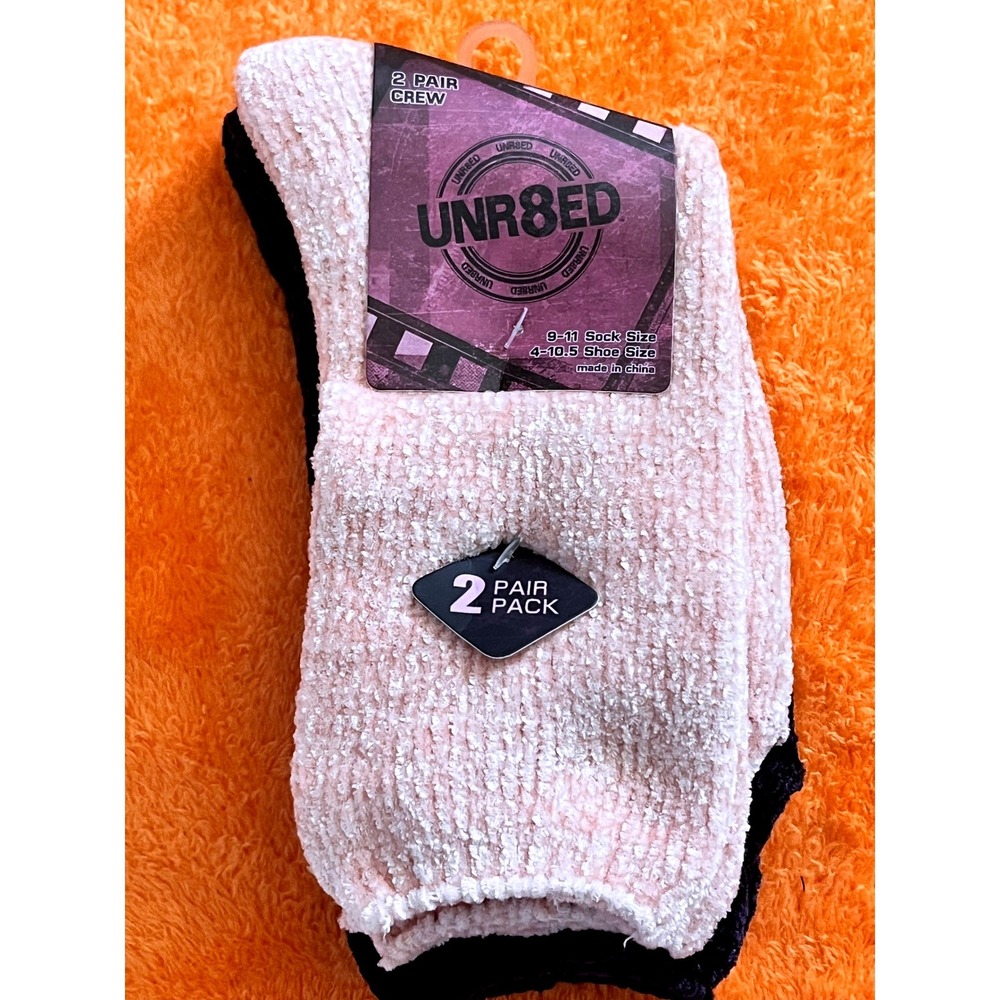 UNR8ED Crew Socks Pink Black Fuzzy Chenille Knit‎ Sock-Lot of 2